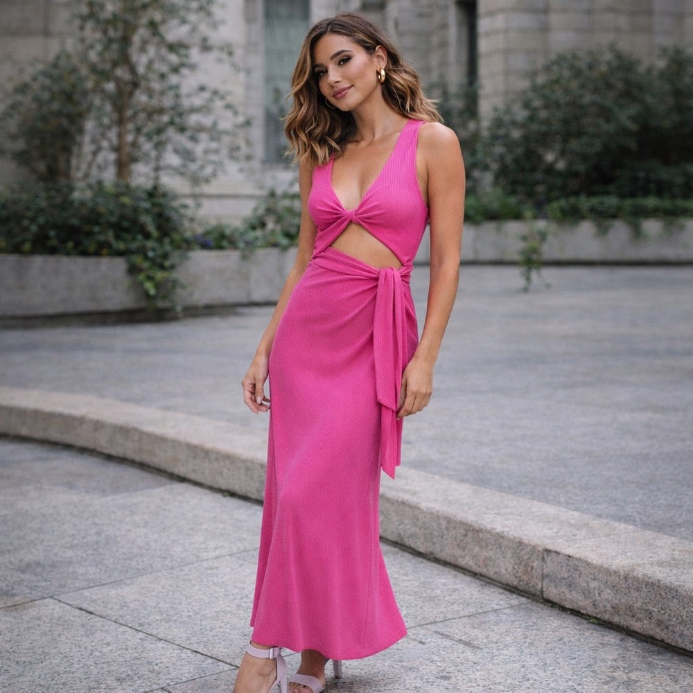 Significant Other Pink Cutout Maxi Dress | Ribbed Tie Waist | Chic Summer - Picture 1 of 10